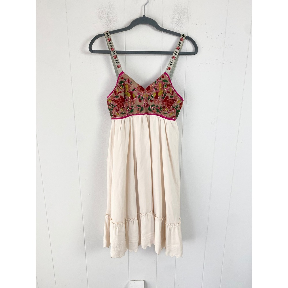 Zhavale Silk Blend Embroidered Boho Babydoll Dress Cream Floral Bead Tie Sz 0